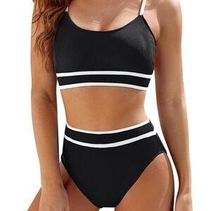 NWT BMJL Black And White Ribbed 2 Piece Swim Set Size M